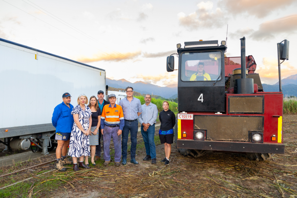 Cane grower Gerard Puglisi (left), Douglas Shire Council Mayor Lisa Scomazzon, cane growers Carmel Raldini, Matthew Watson, Joe Raldini, Cr Michael Rees, deputy mayor Cr Roy Zammataro,Cr Abigail Noli and bin hauler Nathan Wynne at the beginning of last year's harvest.