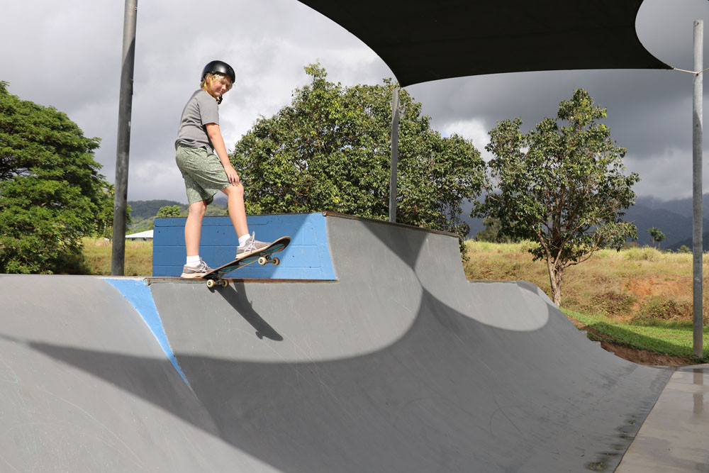 Elvis Woodhams tests out the refurbished skate park at Mossman. Douglas Shire Council is inviting the community to work together on a collaborative art project to brighten up the facility. Picture: Douglas Shire Council