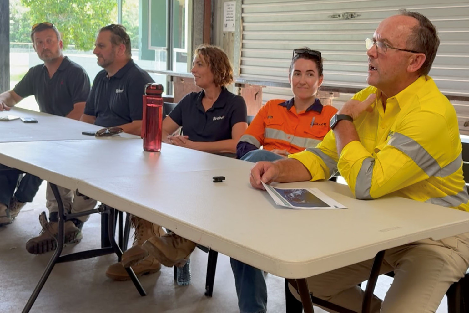 Community information session presenters (from left) Greg Lambert (Hillgrove), John Gray (Birdon), Sarah Yuen (Birdon), Rhianna Roberts (Durack Civil) and Rob Latham (Douglas Shire Council) at the Daintree ferry public meeting. Picture: Douglas Shire Council