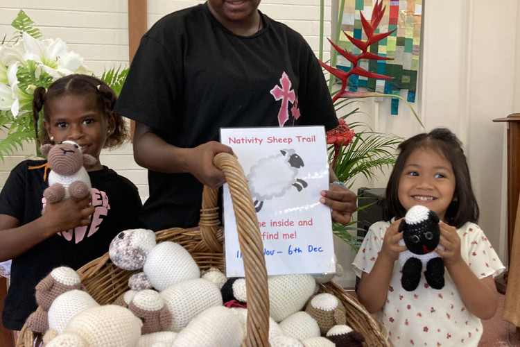 Julie-May (left), 6, Annette, 15, and Thalia, 4, (surnames withheld) are looking forward to taking part in the search for the knitted sheep in Mossman. Picture: Supplied