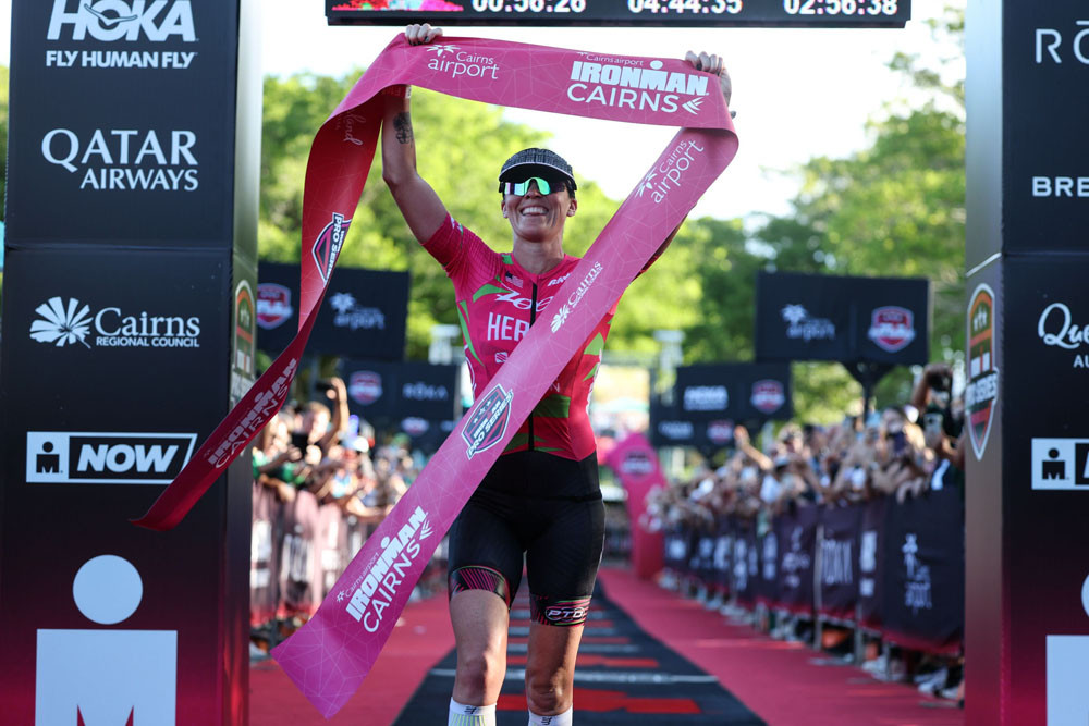 Jackie Hering taking victory at the Cairns Airport Ironman Cairns. Picture: Korupt Vision
