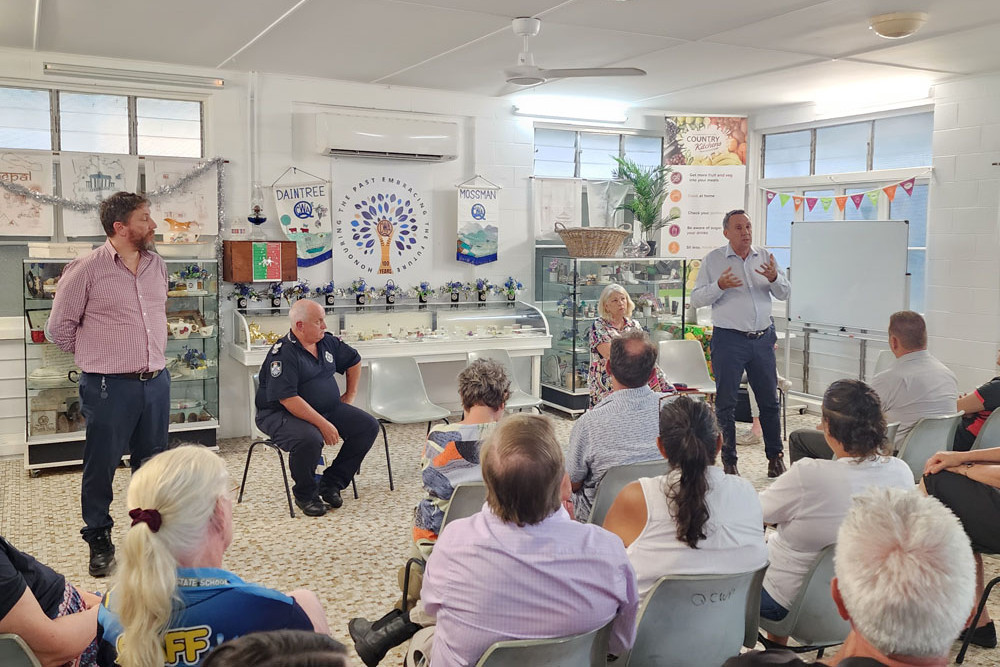 Cook MP David Kempton (far right) makes a point at the Mossman crime meeting while (from left) Douglas Shire Council chief executive officer Scott Osman, Sergeant Matthew Smith and Mayor Lisa Scomazzon listen at the Mossman CWA Hall. Picture: Gary ‘Gazza’ McIlroy