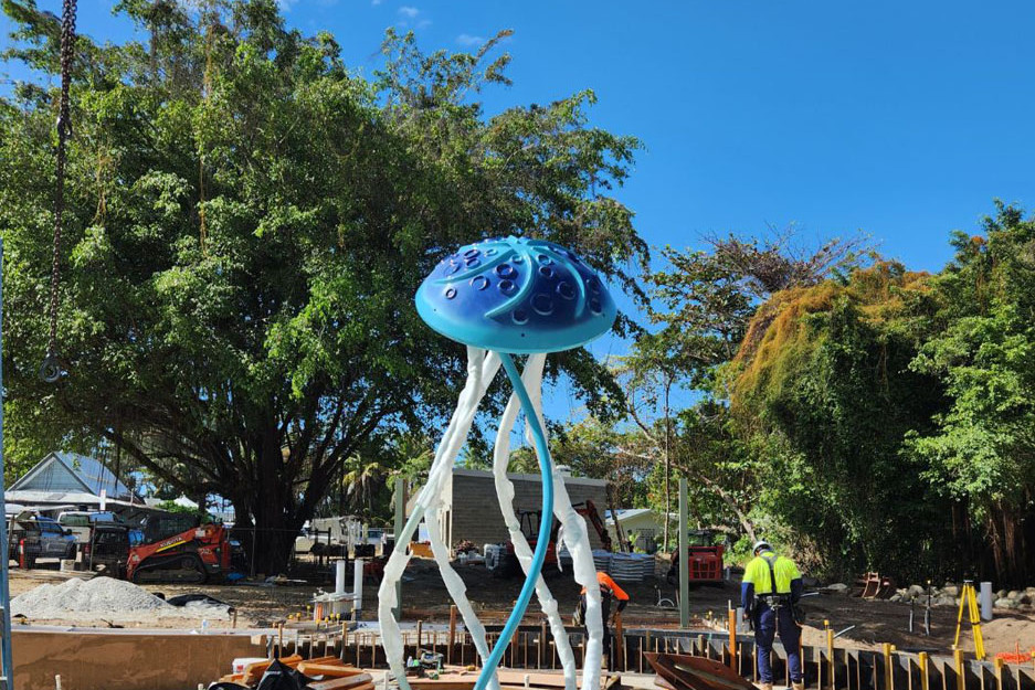 Here’s a first look at one of the box jellyfish-like structures being installed at the Port Douglas Splash Park in Garrick St, behind the surf club. Picture: Douglas Shire Council