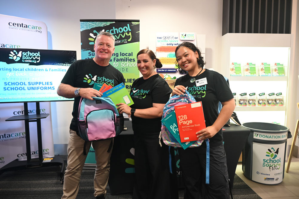 Cairns MP Michael Healy (left), School Savvy communications officer Rachel Wilson and trainee Aishya Pangestu. Picture: Isabella Guzman Gonzalez