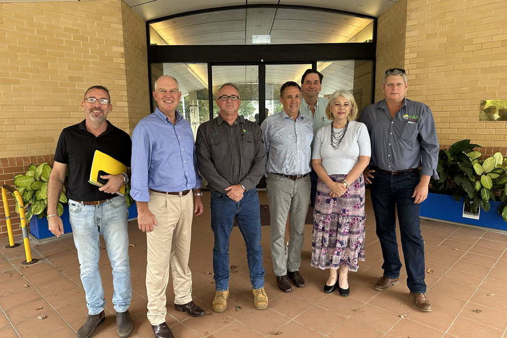 Business owner Peter Capp, LNP’s agriculture spokesman Tony Perret, Mick Ward of MSF Sugar, LNP Candidate for Cook David Kempton, cane grower Bill Phillips Turner, Mayor Lisa Scomazzon, and Don Murday of ACFA. Picture: Supplied