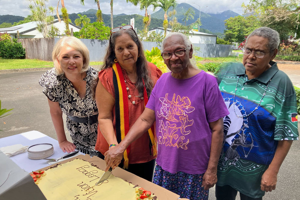 Cutting the NAIDOC cake are (from left) Mayor Lisa Scomazzon with Janice Walker, Margaret Rocky and Phyllis Mallie from the Mossman Justice Elders Group. Picture: Douglas Shire Council