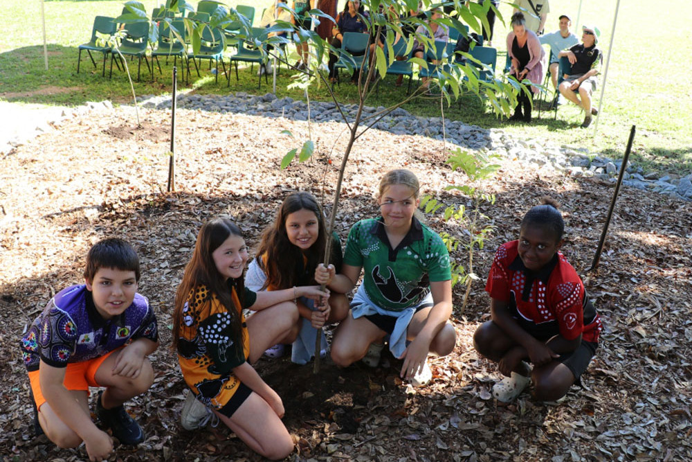 Mossman State School Indigenous leaders of the future students Kahu (from left), Talayah, Eva, Ocean and Annette (surnames withheld) helped plant some native trees in the reconciliation garden. Picture: Supplied