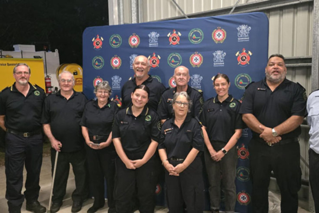 At the medal presentation were (from left) Wonga RFB members Jason Gutter, Peter Ross (15 years), Ruth Ross (15 years), Craig Brennan (15 years), David Price, Michelle Price, Georgia Moss, Mick Malley and first officer Stewart Yendle. Picture: Supplied