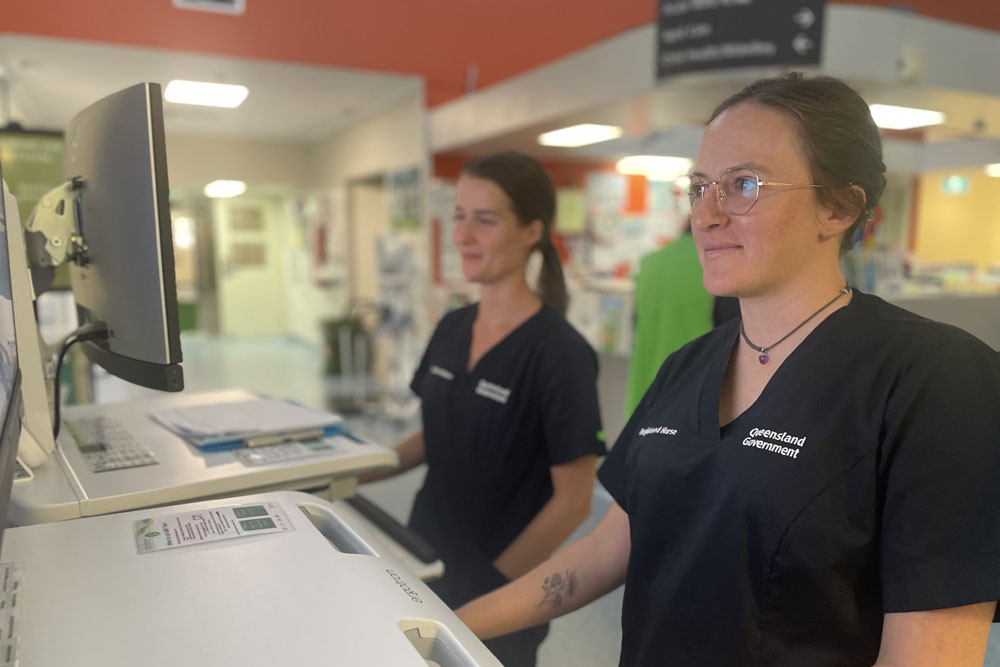 Mossman nurses (from left) Malinda Grice and Meaghan Corne using the new Workstations on Wheels (WOWs). Picture: Cairns and Hinterland Hospital and Health Service