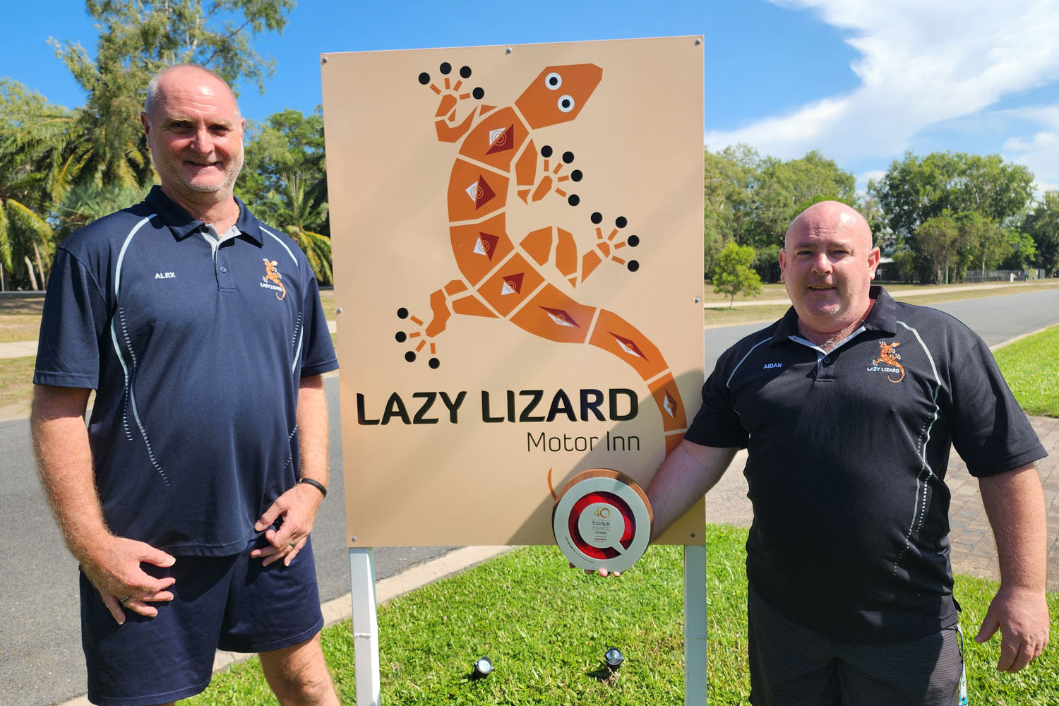Co-owners of The Lazy Lizard Motor Inn Aidan Mulcahy (left) and Alex Scott are chuffed with their gold tourism award. Picture: Gary ‘Gazza’ McIlroy