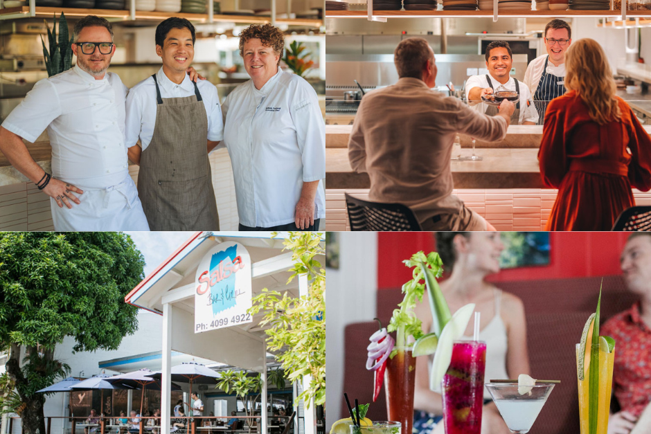 Pic 1: Lagoon House’s Spencer Patrick (left), Eden Lee and Belinda Tuckwell. Pic 2: The Lagoon House restaurant’s open kitchen. Pic 3: The Salsa Bar and Grill is in the middle of Port Douglas. Pic 4: Cocktails are a speciality at Salsa Bar and Grill.