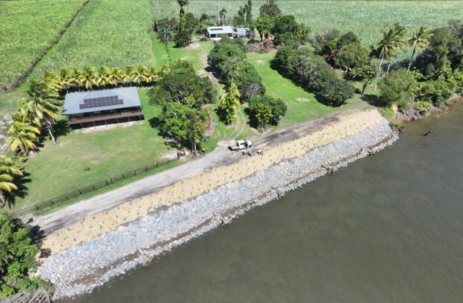 The 100m stretch of the Daintree riverbank after floods caused extensive damage post-Cyclone Jasper and the new protection works. Pictures: Supplied